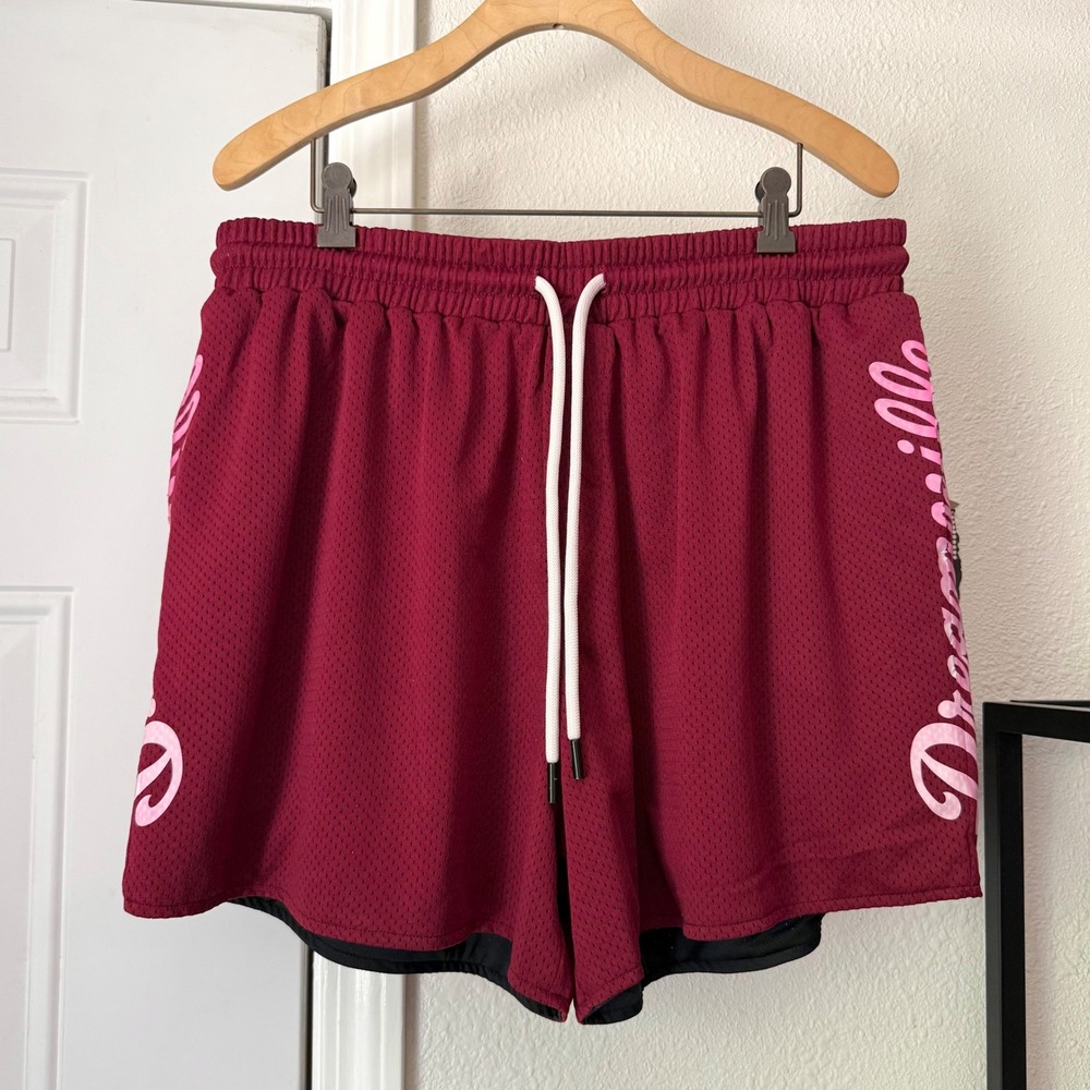DREAMVILLE burgundy mesh basketball athletic text spell out logo‎ pull on shorts